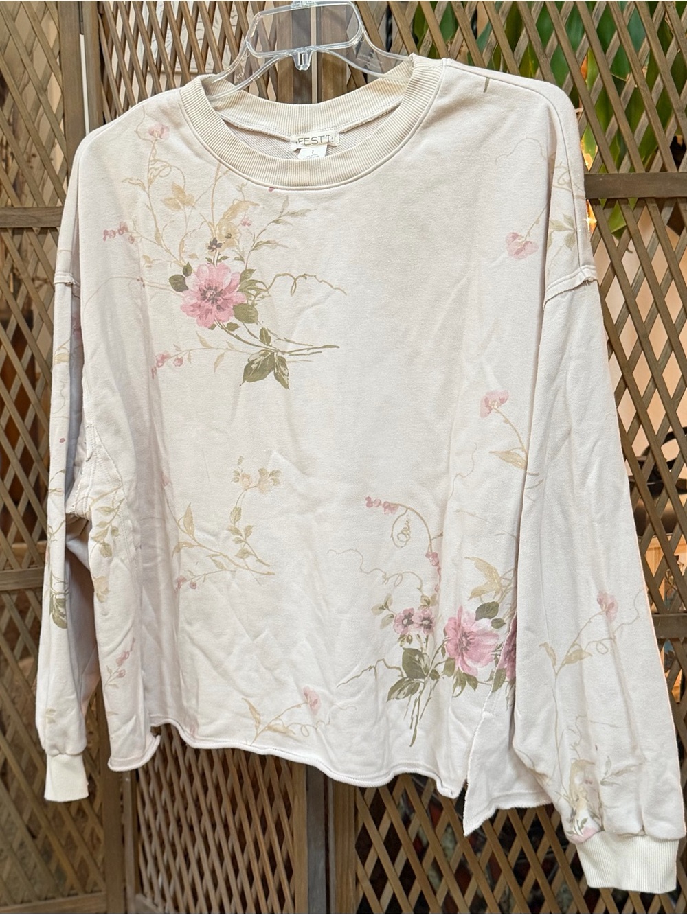 Festi for Torrid -Cream Floral Long-Sleeve Sweatshirt with Pink Blooms